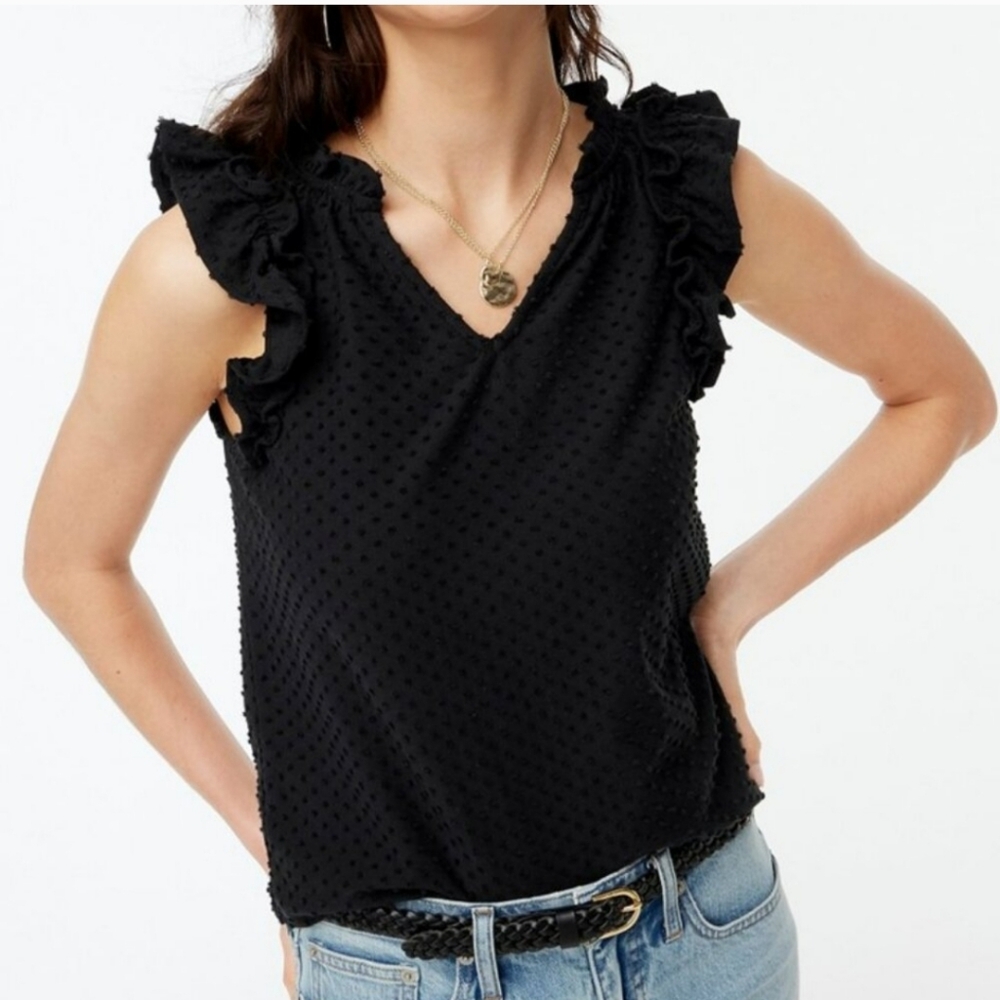 J. Crew NWT Black Ruffle-sleeve Clip-dot Top sz M